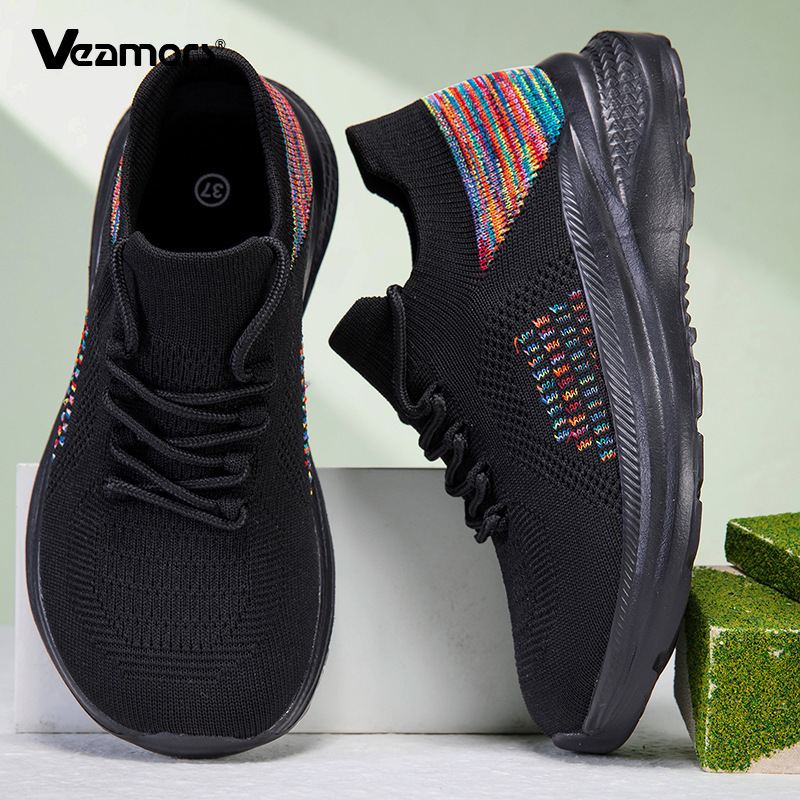 Knit Fabric Lace Up Sneakers - 통기성 메쉬 양말 스니커즈 여성용 레이스업